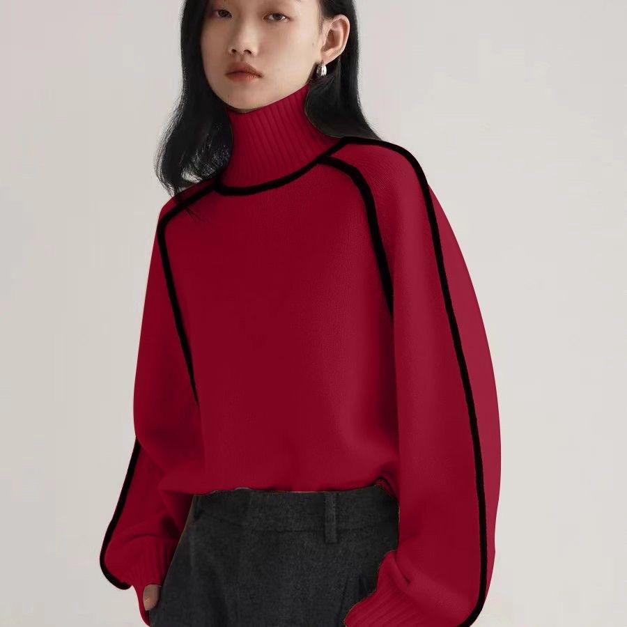 Women's Foreign Fashion Sweater, High Neck Crew Neck Top, Ribbed Knit Pullover for Women