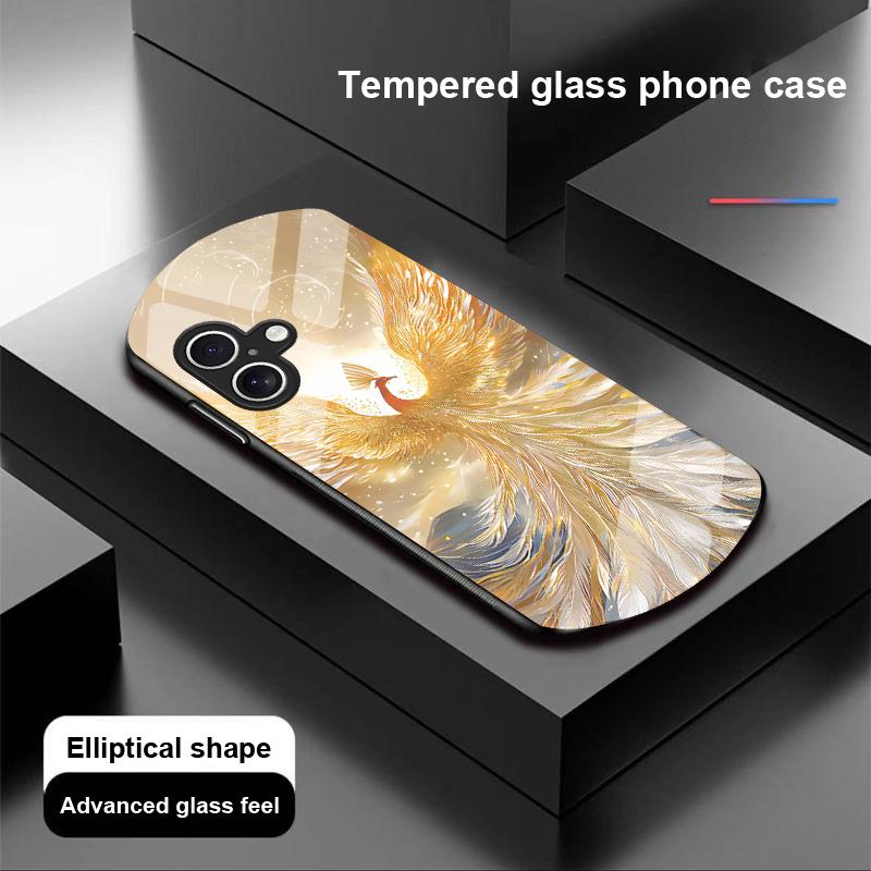 Golden Phoenix For Apple IPhone 16 11 13 15 14 Pro Max 12 Mini 7 8 Plus XR X XS Elliptical Shaped Tempered Glass Phone Case