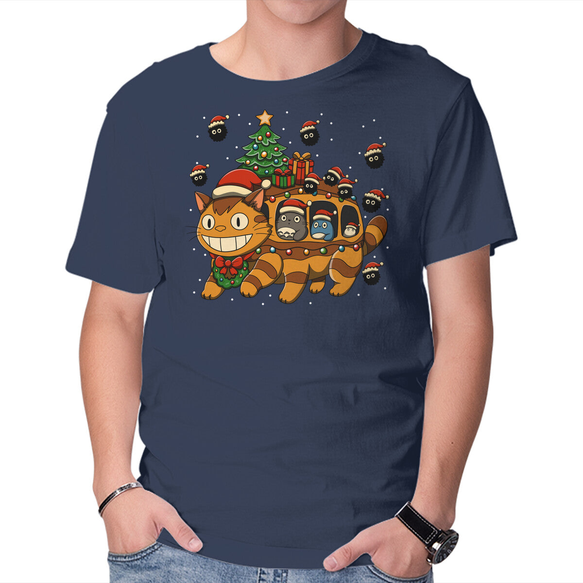 Unisex Crew Neck T-Shirt Catbus Christmas Graphic Short Sleeve Casual Tee XL