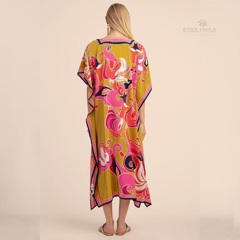 Long Kaftan Bohemian Printed Bikini Cover-ups Sexy V-neck Half Sleeve Maxi Dress Tunic Women Beach Wear Swim Suit Cover Up Q1333