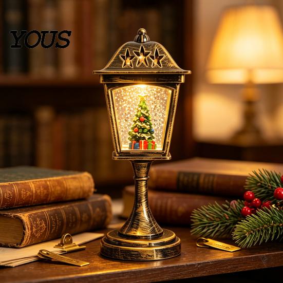Warm Atmosphere Lighting Christmas Snow Sphere Lamp, Retro Street Lamp Design, Santa Winter Theme Ornament Snowman Tree Night Light for Bedroom,