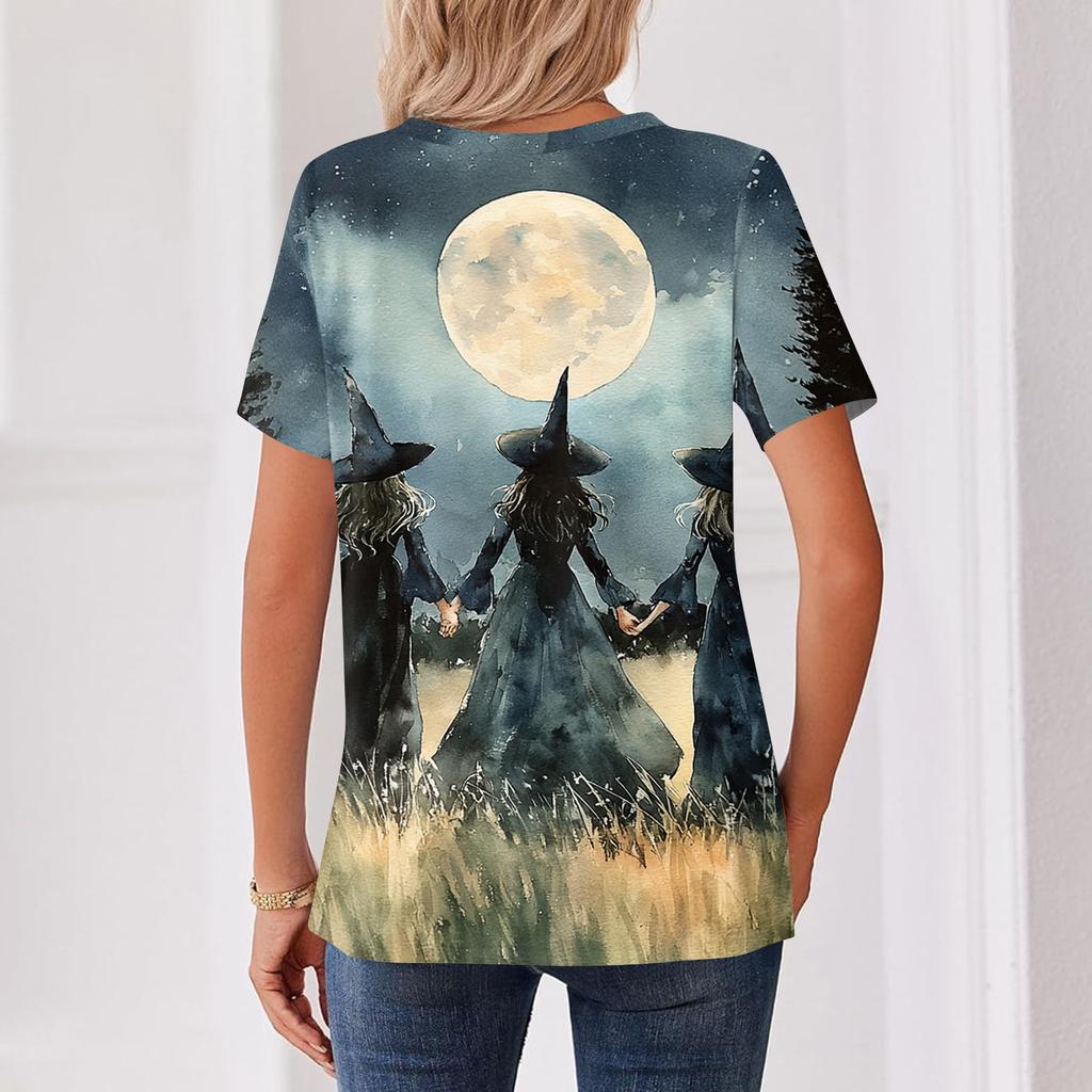 Women's Halloween V Neck Short Sleeve T-Shirt with Button Casual Top