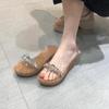 Beautiful version of one-word transparent slope heel cool slippers women's 2025 new summer platform slippers wearing beach shoes