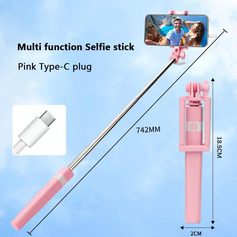New Wire Controlled Selfie Stick Pink/Blue/Black Suitable for Type-C Plug Shrinkage 18cm Stretch 74cm Mini Portable Selfie Stick 7