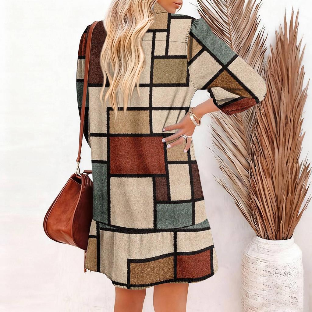 Women's fashionable and elegant long-sleeved V-neck pocket plaid print dress