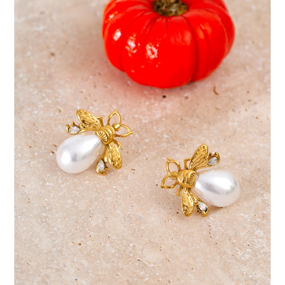 Yhpup Popular Simulated Pearls Zircon Bee Stud Earrings Golden Stainless Steel Attractive Chic Jewelry New Wholesale