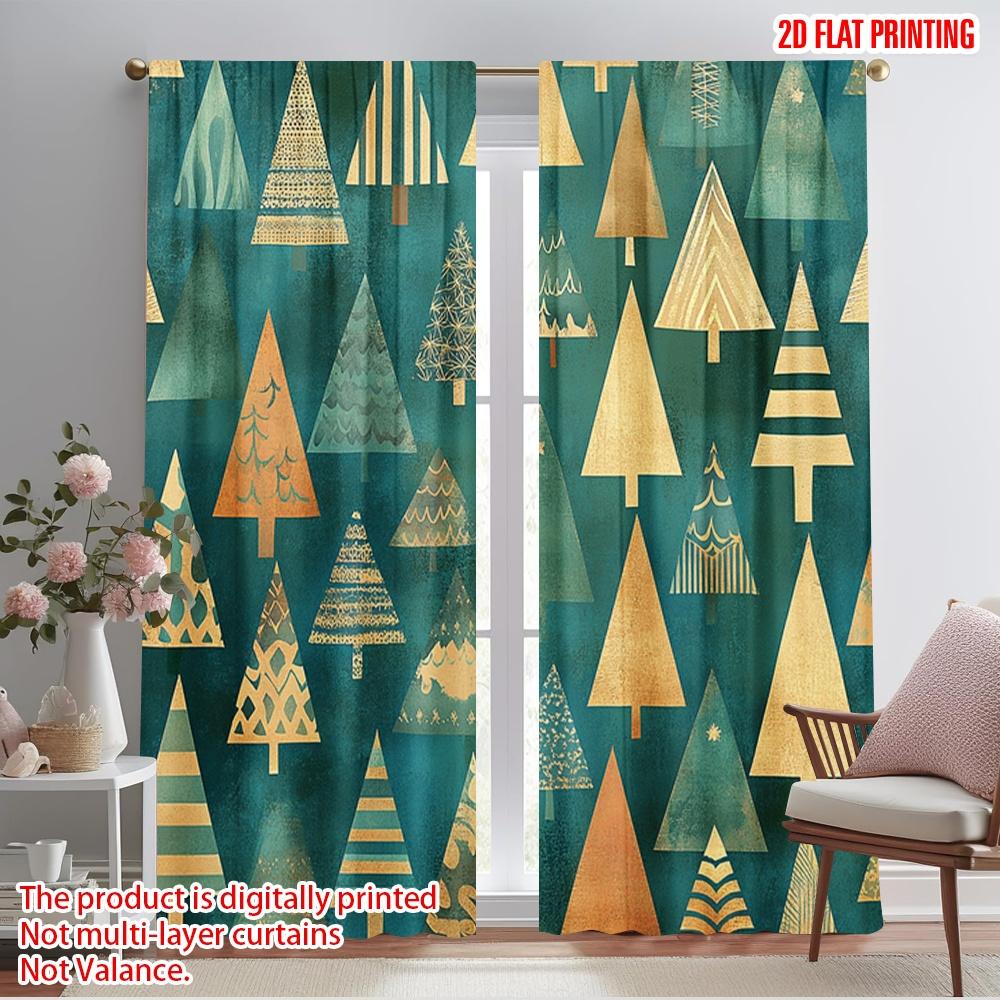 

Set Of 2 Plane Printing Curtain Fabric Christmas Trees Festive Polyester Without Rod Holiday Ldeal Living Room For Sitting Made W100*H70(CM)-Rod Pocket&2PCS