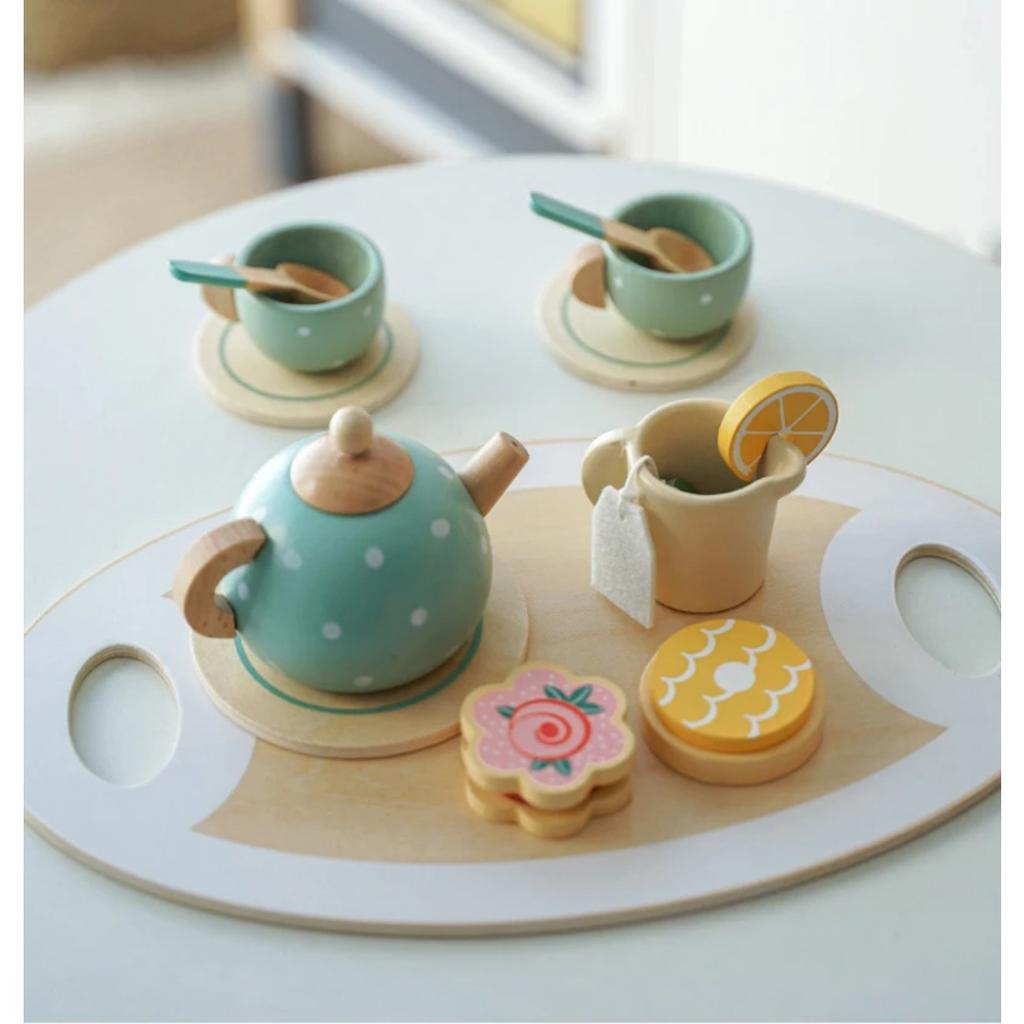 Wooden Afternoon Tea Set Toy Kitchen Accessories Tea Party Food Play Early Educational Toys for Toddlers Girls Boys Kids Gifts
