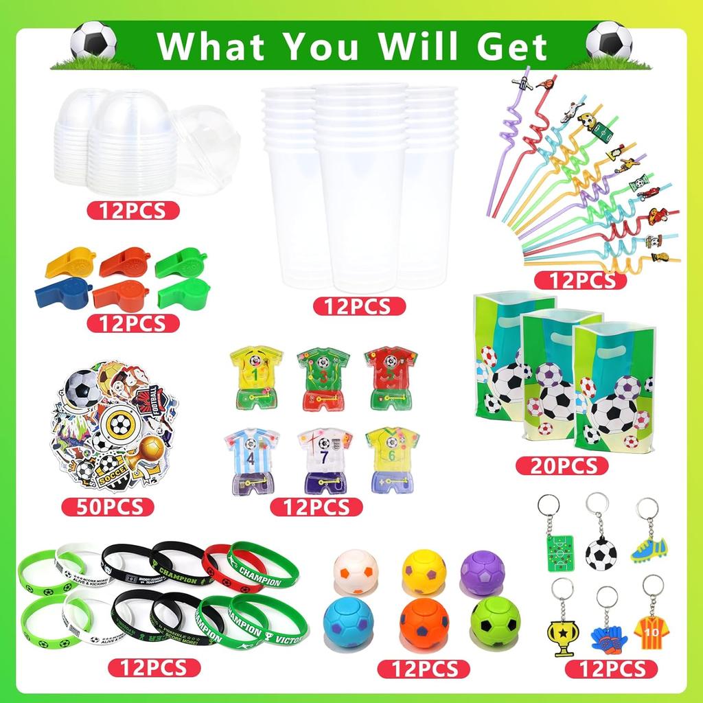 166 Pcs Soccer Party Favors for 12 People Party Supplies with Cup Straw Stress Ball Keychain Sticker Silicone Wristbands Whistle Goodie Bags for Kids