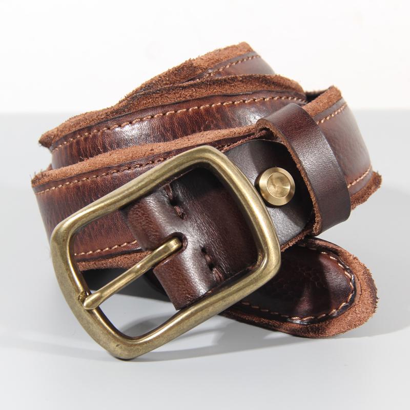 Herren Messing Dornschließe Gürtel Retro Leder Persönlichkeit Gürtel Erste Schicht Rindsleder Falte Herren Jeansgürtel Luxus Trend Designer Gürtel
