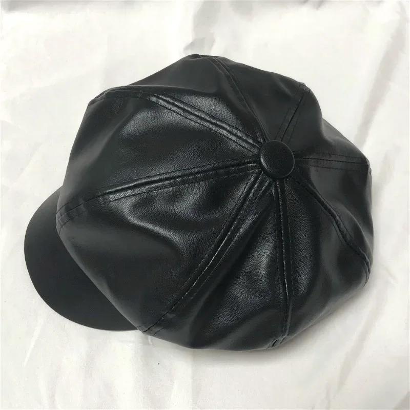 PU Achteckige Kappe Weibliche Mode Leder Kappe Ente Zunge Kappe Baskenmütze Frauen Hut Winter Hut