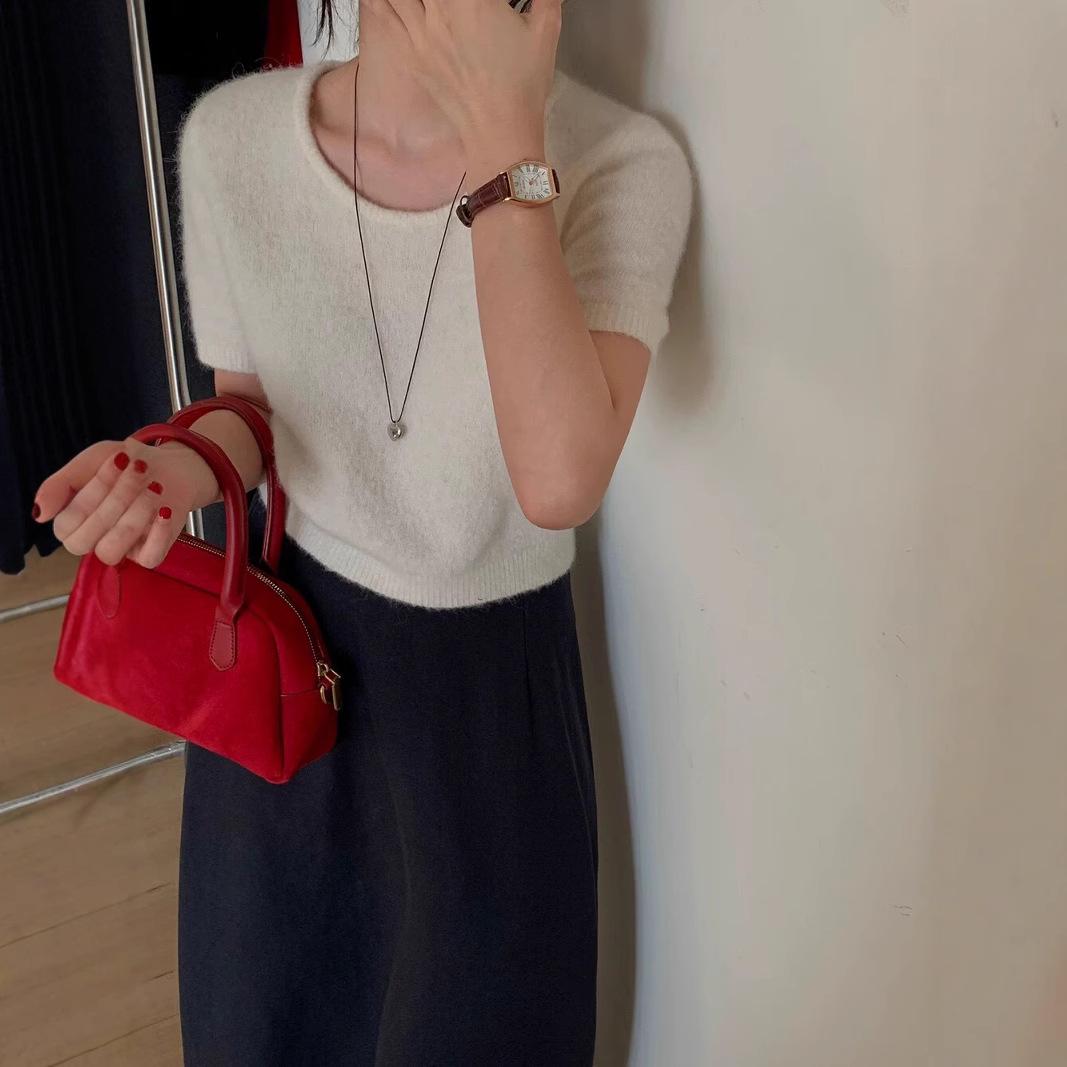 

Women s Slimming Short-Sleeve Wool Pullover - Chic Spring Fashion Medium білий
