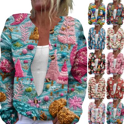 Women's Fashion Christmas Print Long Sleeve Knitted Cardigan Button Jacket