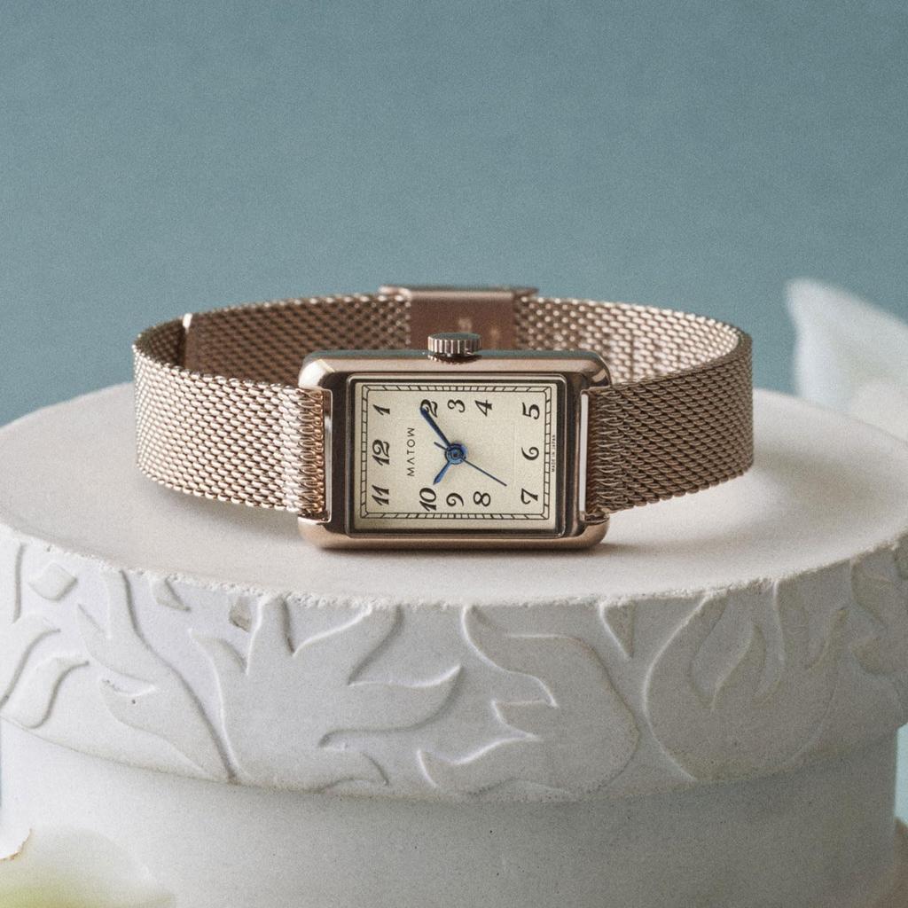 Autorisierter Händler [MATOW] Damenarmbanduhr mw004008 [Tsuki Oborozuki] Rechteckig Roségold Mesh Arabisch