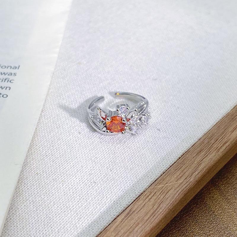 Delicate Colored Treasure Rose Micro-Inlaid Zircon Light Luxury Open Ring Female Niche Design Chain High-End Ring Female