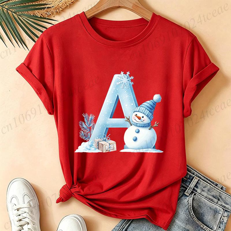 Christmas Snowman Alphabet T-Shirt Women Blue Ice Alphabet Graphic Tees Christmas Holiday Casual Red Short Sleeve Unisex Tops