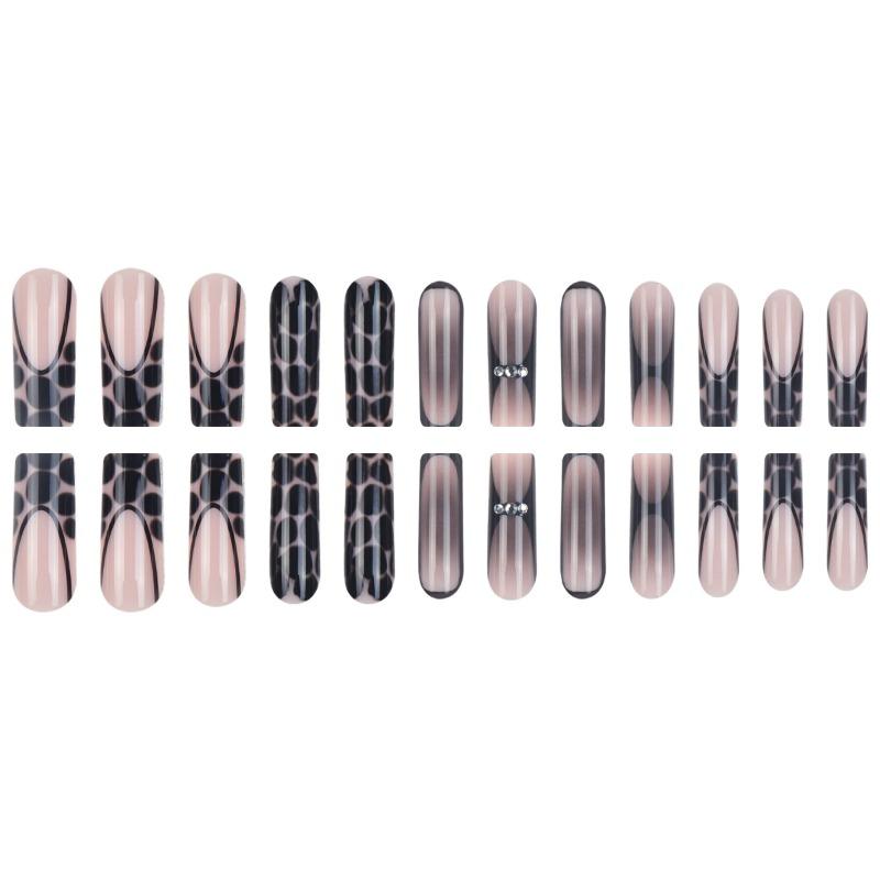 Hot-selling cross-border long water pipe press on nails, black smudge gradient with rhinestones. 24pcs fake nails for overseas wholesale.