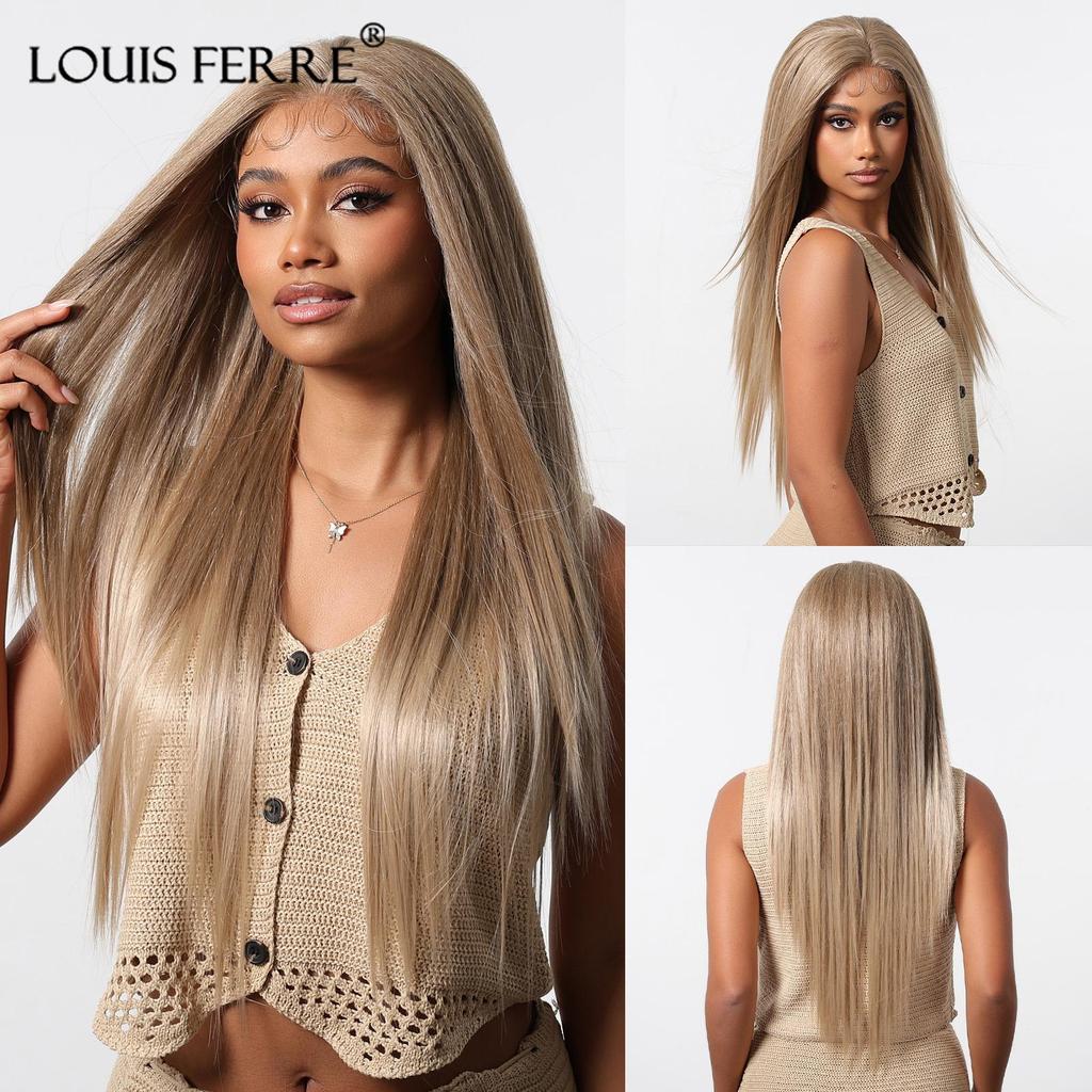 Synthetic 13x6 Lace Wigs Long Brown Ombre Blonde Straight Wig  for Women Daily Party Heat Resistant Fiber Wigs
