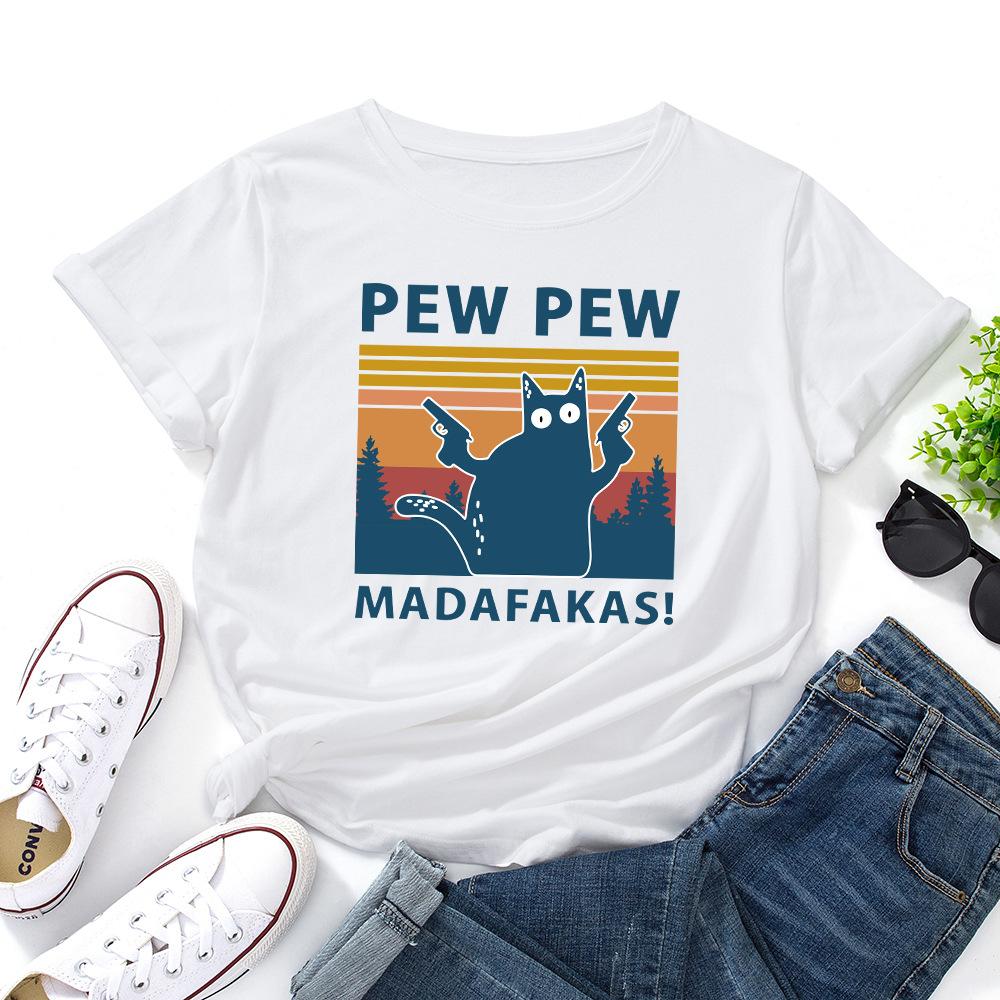 PEW Letters Cotton T-Shirt Short Sleeve Round Neck Women 2d Print Tops