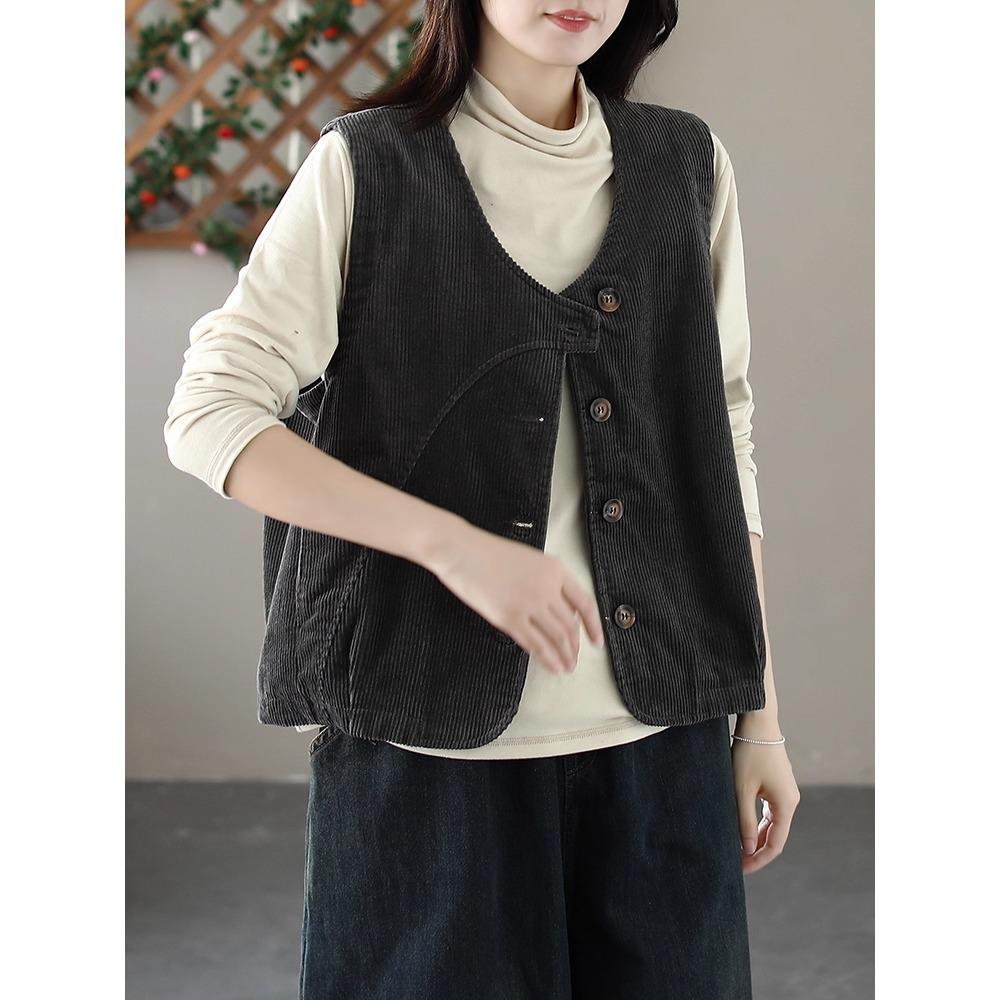 Dimanaf 2025 New Corduroy Jacket Vest Autumn Short Sleeveless Retro Coat Buttons Women Solid