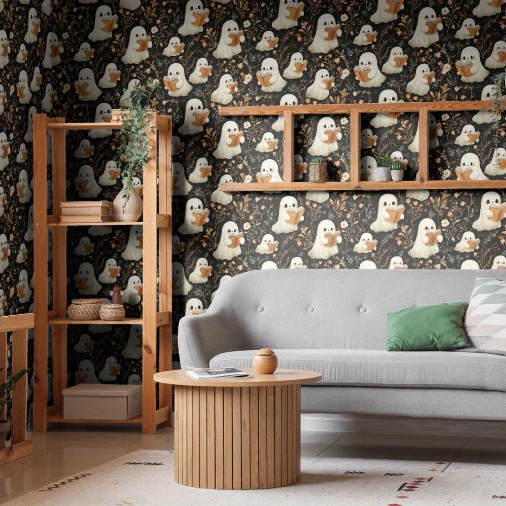 2pcs Halloween Self-Adhesive Wall Stickers Removable Cute Ghosts Wallpaper Dark Style Peel and Stick Wallpaper with Flower Halloween Themed Wallpaper