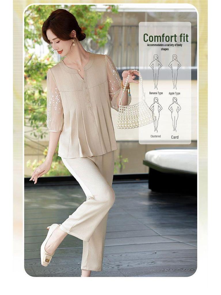 2026 Mom's Summer Mid-Sleeve Chiffon Blouse & Top Two-Piece Set for Middle-Aged and Elderly Women