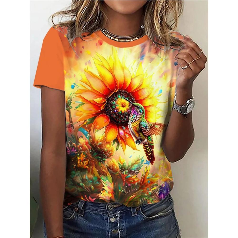 T-Shirt mit 3D-gedrucktem Muster, Sommer- und Frühlings-Kurzarm-Rundhals-Freizeit-Top, Damenbekleidung