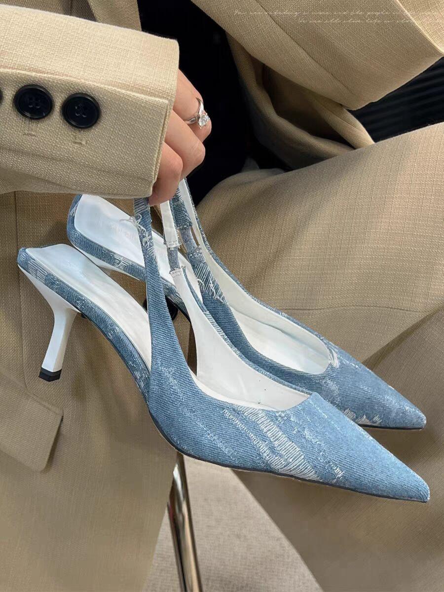 

мода Новые женские босоножки на высоком каблуке Черные остроконечные туфли на тонком каблуке Baotou Banquet Туфли на высоком каблуке Женские джинсовые туфли на каблуках Tacones Mujer 38 синий