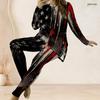 Women Plus Size Red Black White Printed Round Neck Long Sleeve Top And Fitted Pants Two Piece Set