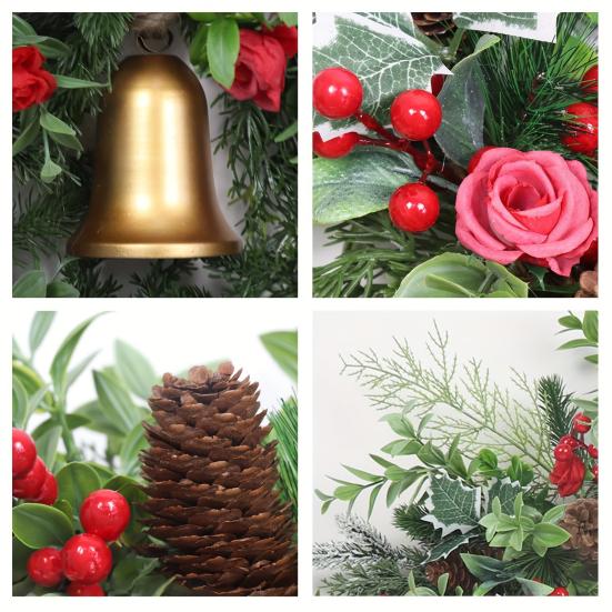 Christmas Wreath with Golden Bell Front Door Garland Waterproof Red Rose Petals Pine Cones Festive Holiday Decoration