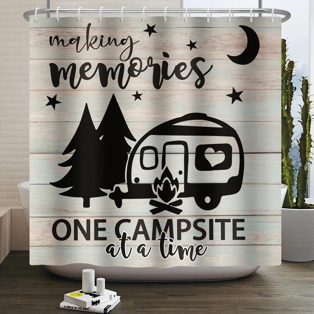 Camper Shower Curtain Happy Camper Trailer Car Rv Forest Mountain Tent Camping Bathroom Shower Curtain Waterproof Bath Curtain
