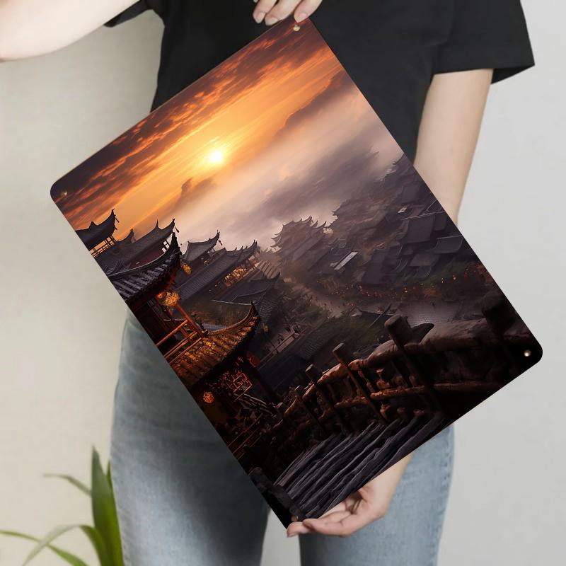 

Ancient Chinese Town Morning Mist Pavilion Silhouette Metal Iron Wall Art Decor for Living Room Study 20x30cm（7.8x11.8inch）