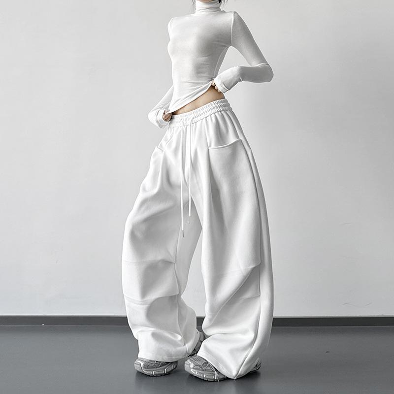 2025 Autumn/Winter Black Drawstring Women s Wide-Leg Drape Pants - Casual Loose Fit Dance Sweatpants L