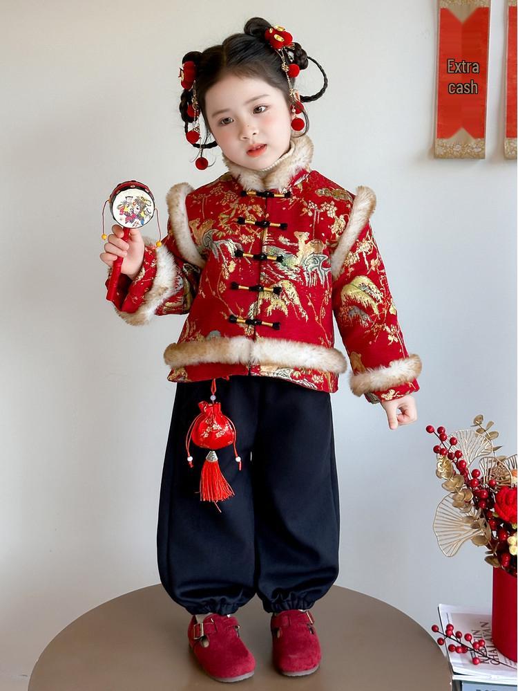 Girls  Winter Hanfu Velvet Set: New Year Festive Outfit for Baby s First Birthday and Performances. 120 cm
