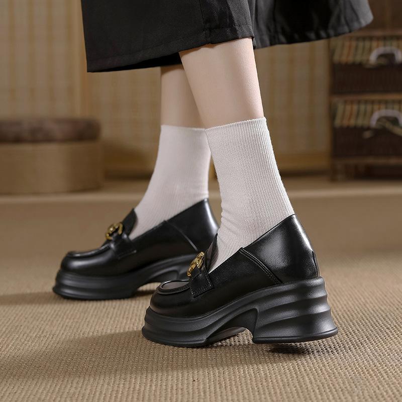 Small leather shoes women's new metal buckle inner height increase women's shoes 3233 single shoes muffin shoes thick sole