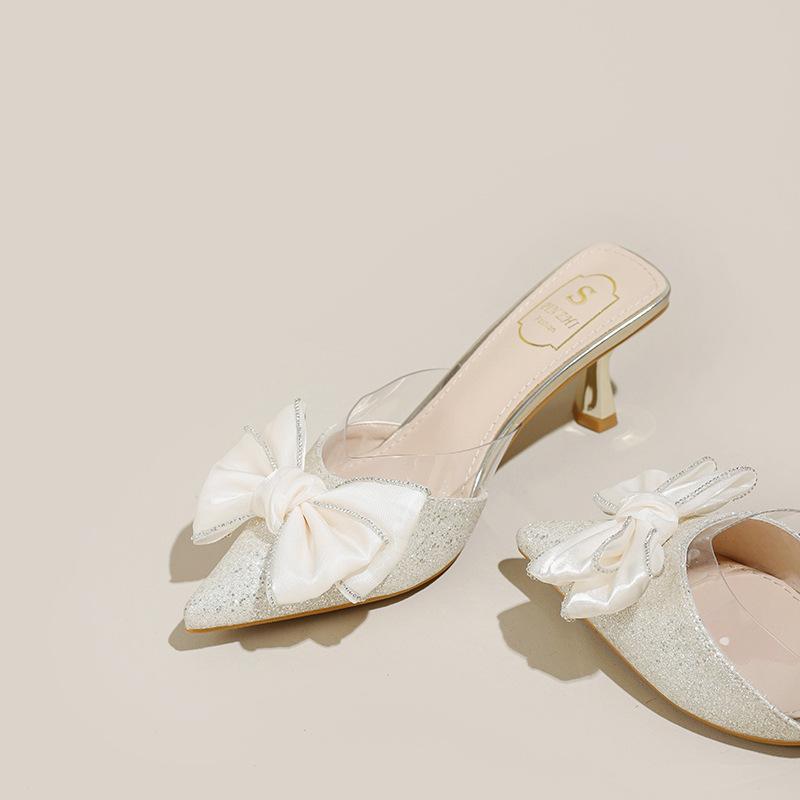 

Шампань пайетки бант тонкий каблук сумка голова тапочки на высоком каблуке с прозрачным носком для женщин летние под юбку 34 шампанского