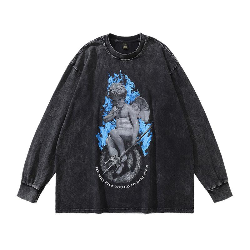 European And American High Street Retro Angel Washed Long-Sleeved T-Shirt Men'S And Women'S Street Trendy Brand Old Versatile Bottoming Top