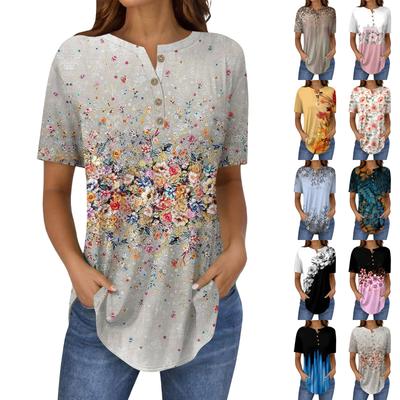 Kurzarm Damen Tops Sommer T-Shirts Blumendruck V-Ausschnitt Casual Basic Tee Button Shirts Tunika Tops