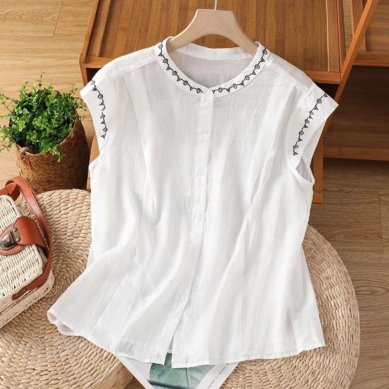 women geometric embroidery linen blend shirt stand collar sleeveless button down casual blouse