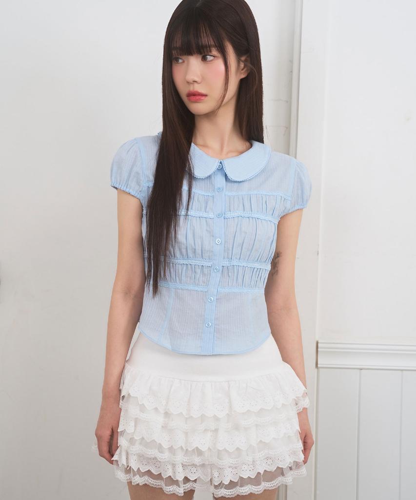 Limekeu Round Collar Puff Shirred Blouse Blue