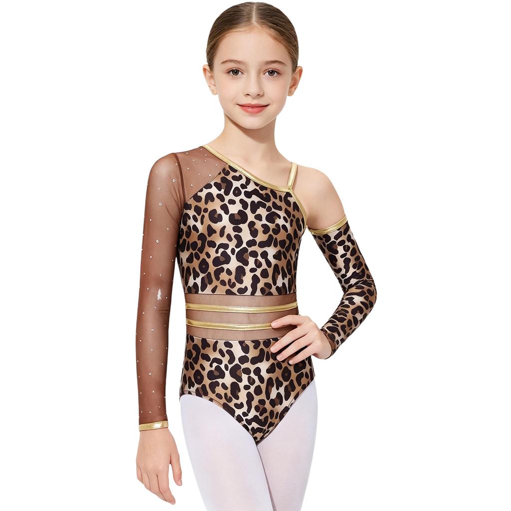 Kids Girls Leopard Printed Gymnastics Ballet Leotards Dance Performance Costume Rhinestones Caveman Jumpsuit with Oversleeve