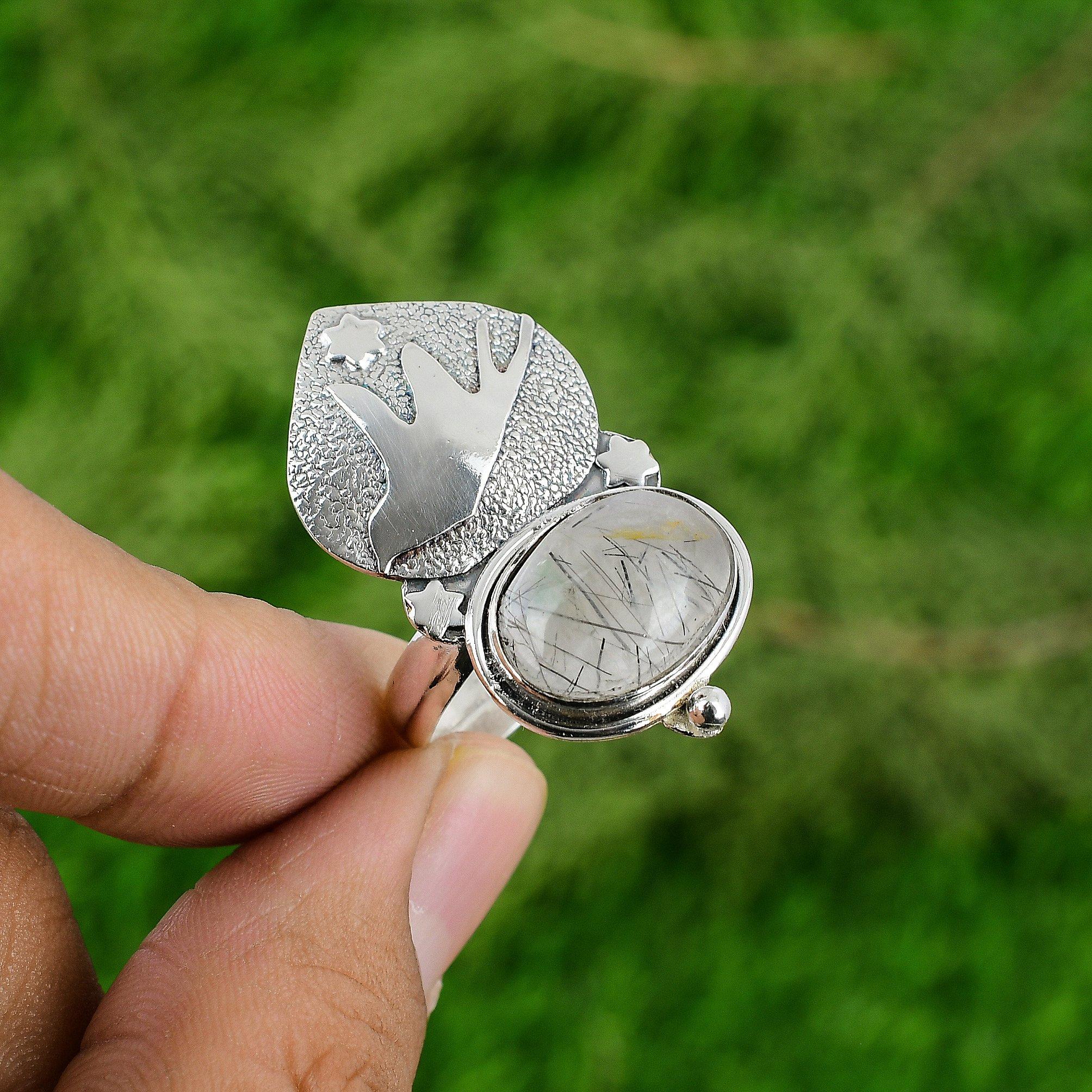 

Natural Black Rutilated Quartz 925 Silver Bird Adjustable Ring For Women Adjustable