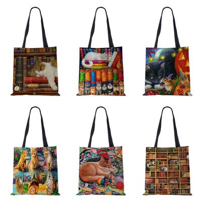 Frauen Leinwand Umhängetasche Cartoon Katze Harajuku 2022 Eco Wiederverwendet Große Kapazität Casual Handtasche Einkaufen Reise Tote Bücher Tasche
