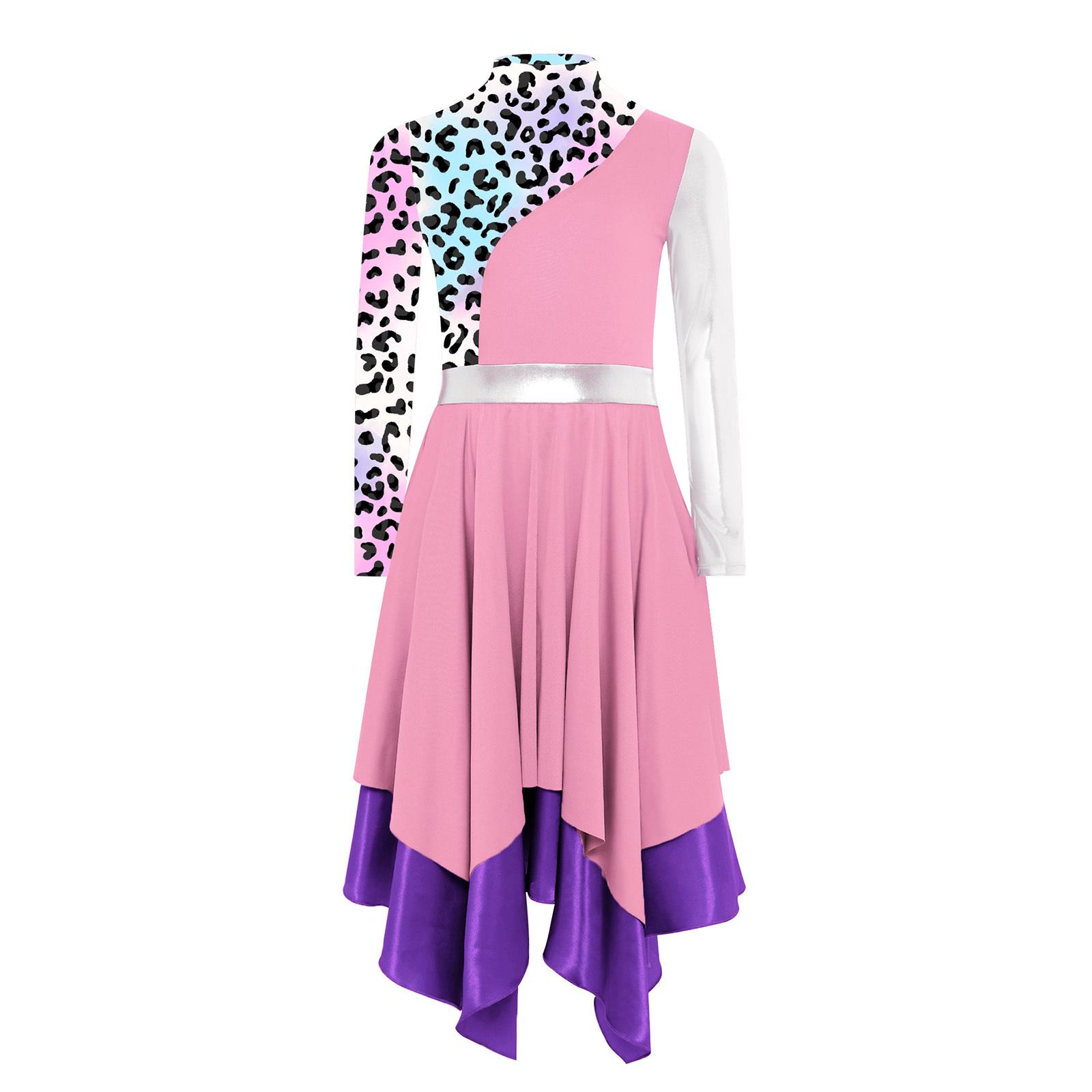 

Girls Liturgical Praise Dance Dress Mock Neck Long Sleeve Stylish Print Metallic Color Block Irregular Dress 5-6 Years