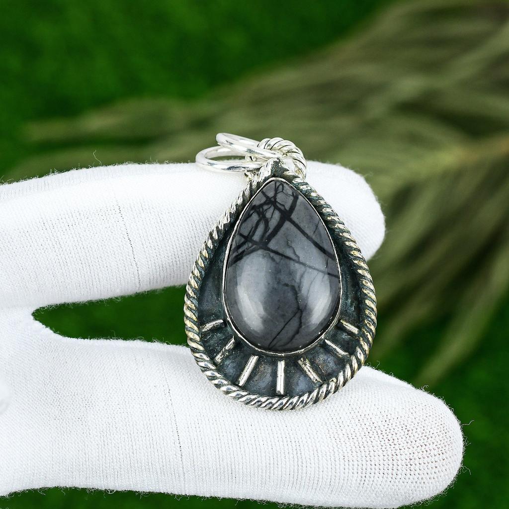 Pear Picasso Jasper Stone Bezel Sister Wedding Trendy Pendant Jewelry 925 Silver