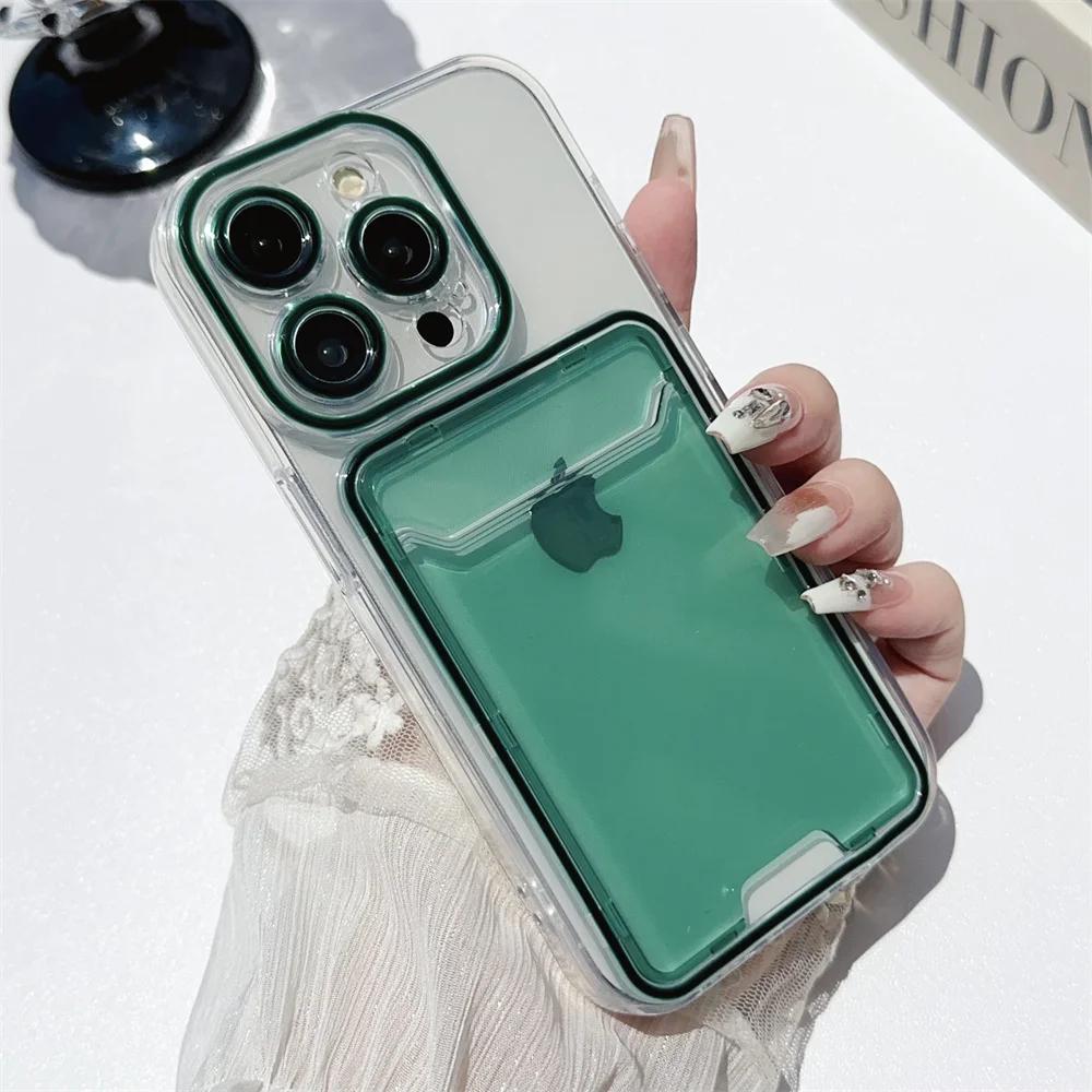 Card Holder Transparent Case for iPhone 15 14 13 16 17 Pro Max Air Plus 11 12 Double Color Wallet Soft Shockproof Cover