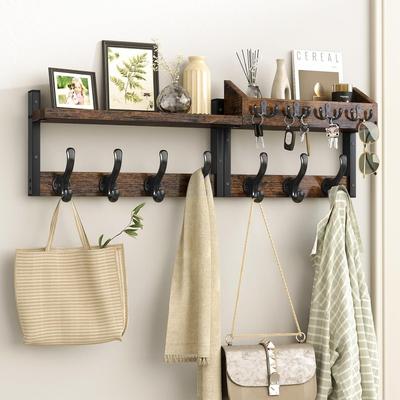 73cm Coat Rack Wall Mount with Shelf, 4 In 1 Coat and Key Hanger with 11 Metal Hooks, Entryway Wall Mounted Shelf with Mail Holder for Living Room