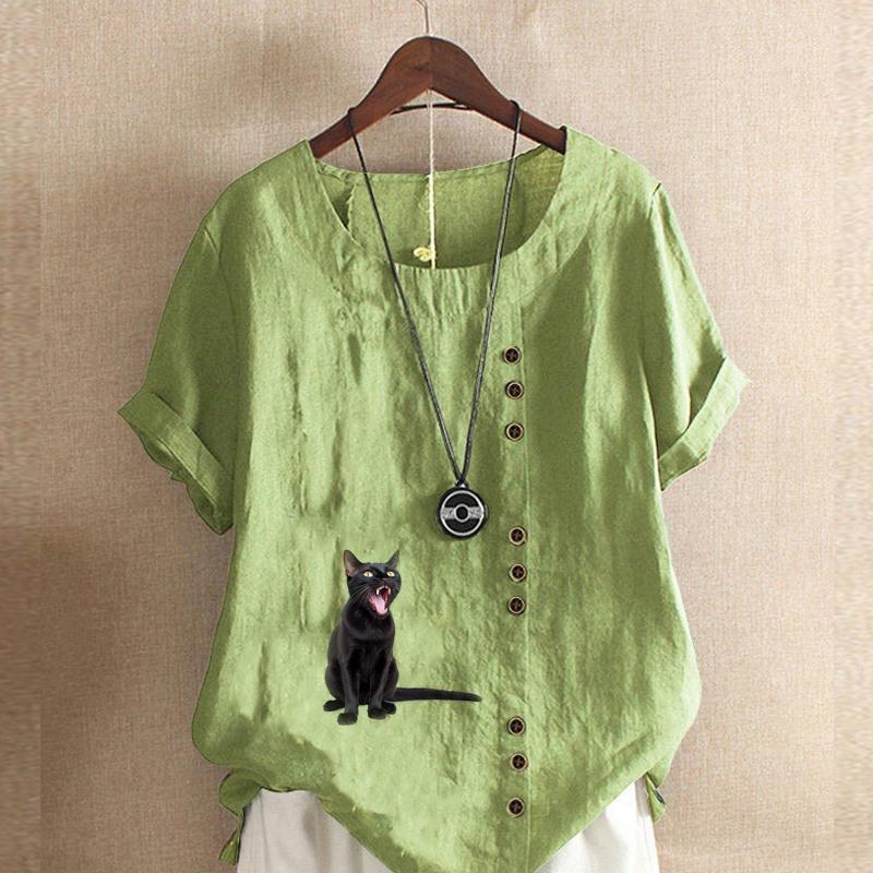 Damenmode T-Shirt mit kleinem schwarzem Katze-Print, Kurzarm, locker, Baumwolle, lässig, locker, Sommerbluse, Oberteile, Übergröße