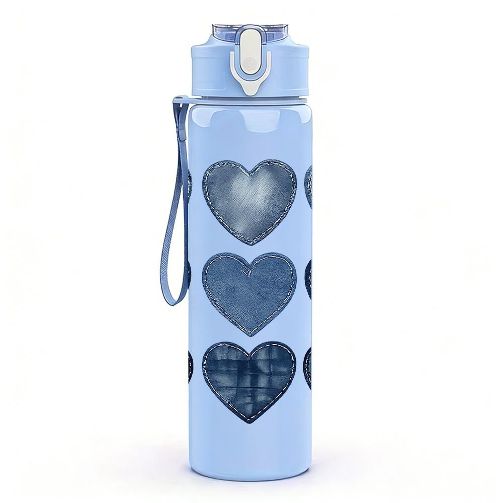 1PC Stacked Multi Shade Blue Heart Print 750ml Color Plastic Sports Water Bottle Leakproof Flip Straw Lid Suitable for Sports Office Home Use