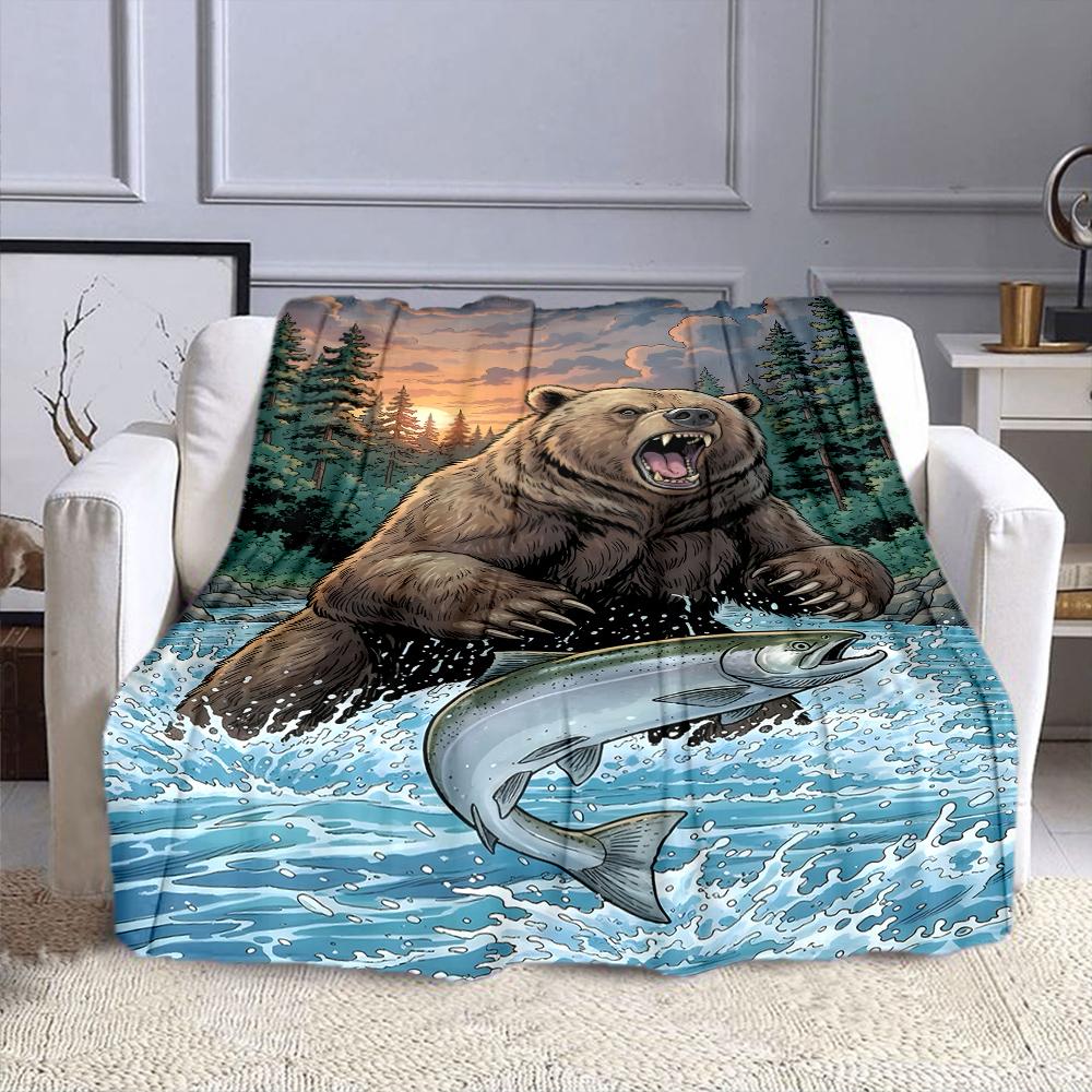 Fierce Bear Fishing in Wild River Patterned flannel blanket perfect for the bedroom living room, sofa, or a little nap